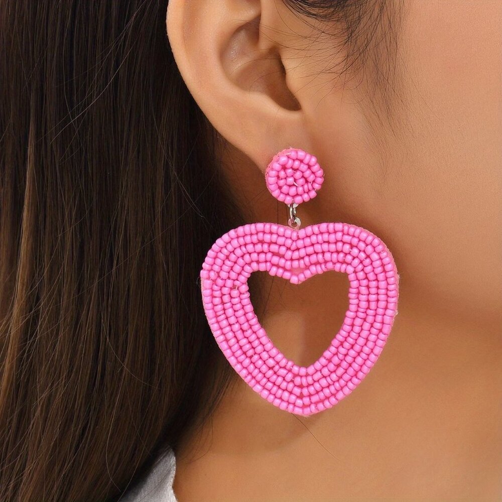 Large Pink Heart-Shaped Beaded Statement Dangle Earrings BRAND-NEW & SUPER CUTE
